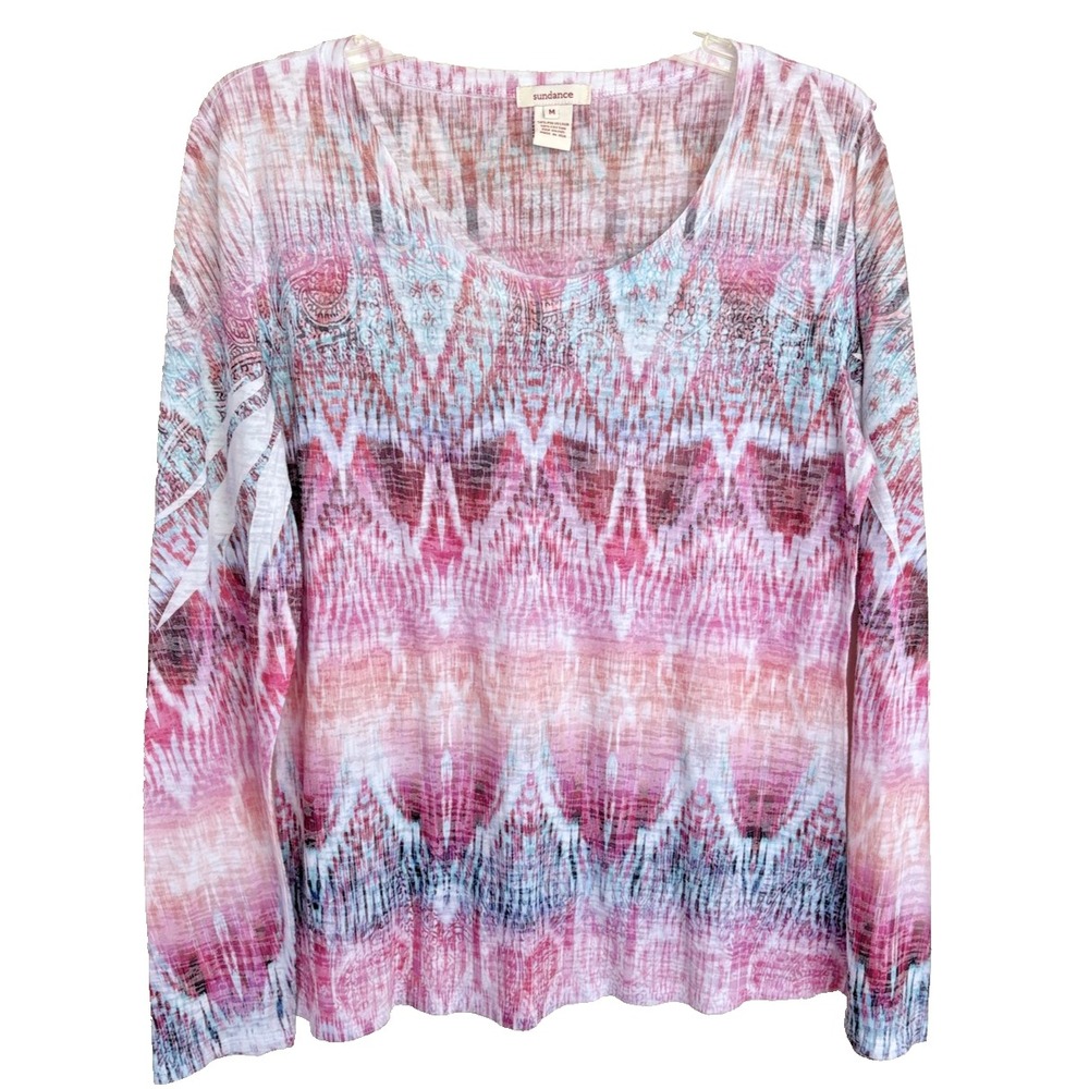 Sundance Shirt Women M Long Sleeve Semi Sheer Slit Sleeve Boho Top USA Abstract